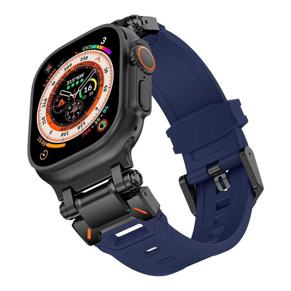 Apple Watch Ultra 49mm Zore KRD-101 Titanyum Metal Başlıklı Silikon Kordon Mavi-Titanyum