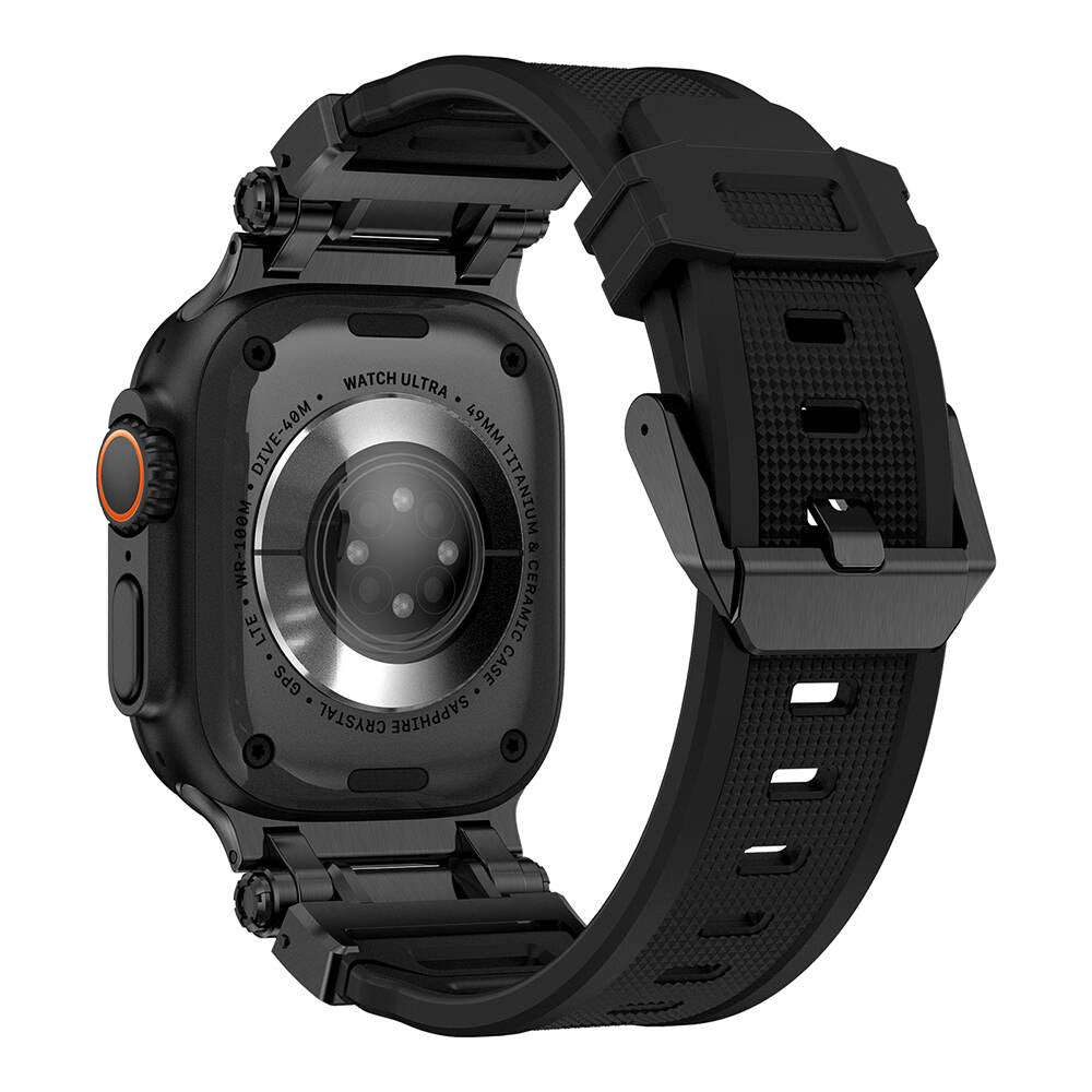 Apple Watch Ultra 49mm Zore KRD-101 Titanyum Metal Başlıklı Silikon Kordon Mavi-Titanyum