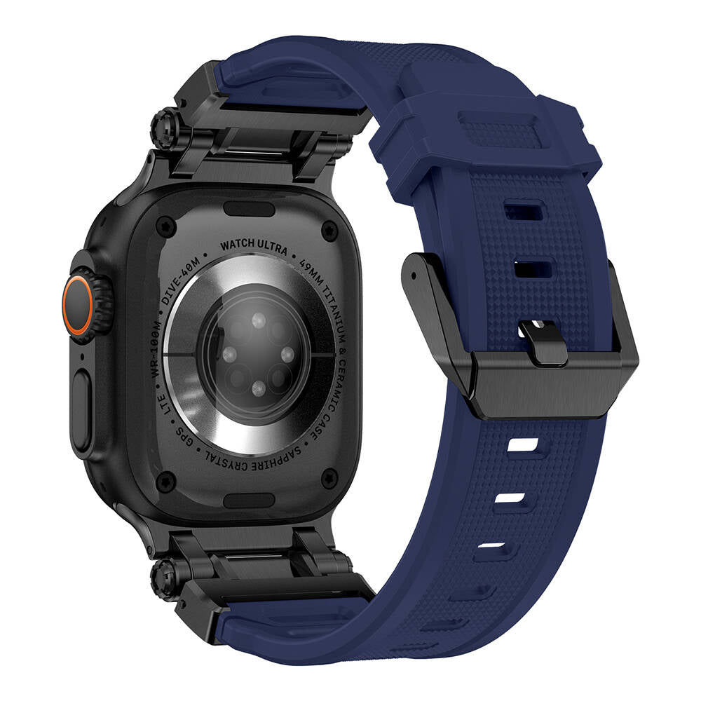 Apple Watch Ultra 49mm Zore KRD-101 Titanyum Metal Başlıklı Silikon Kordon Mavi-Titanyum