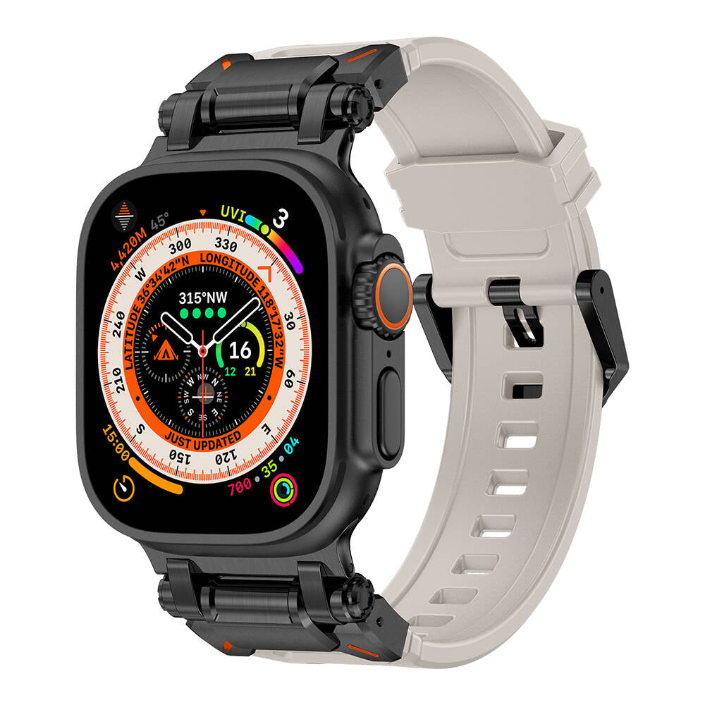 Apple Watch Ultra 49mm Zore KRD-101 Titanyum Metal Başlıklı Silikon Kordon Siyah-Turuncu