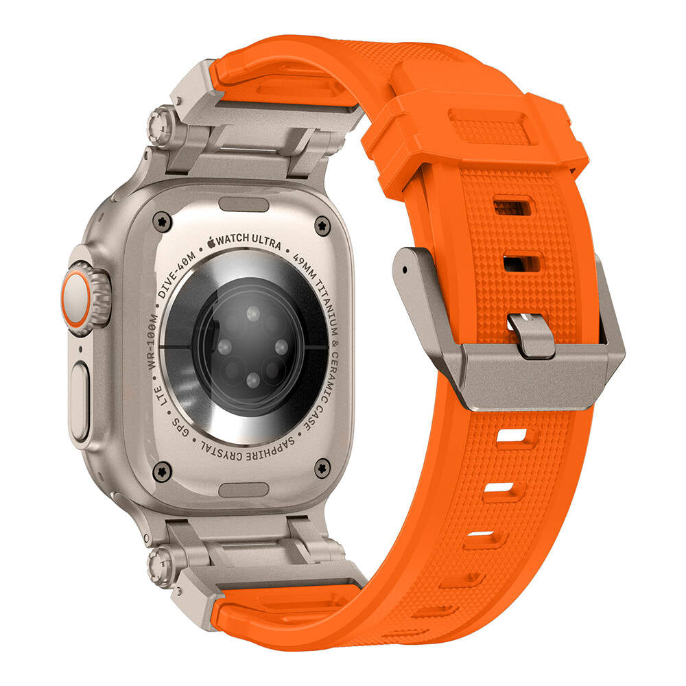 Apple Watch Ultra 49mm Zore KRD-101 Titanyum Metal Başlıklı Silikon Kordon Siyah-Turuncu