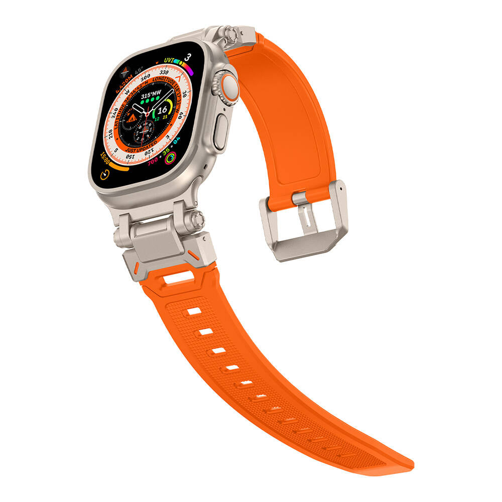 Apple Watch Ultra 49mm Zore KRD-101 Titanyum Metal Başlıklı Silikon Kordon Mavi-Titanyum