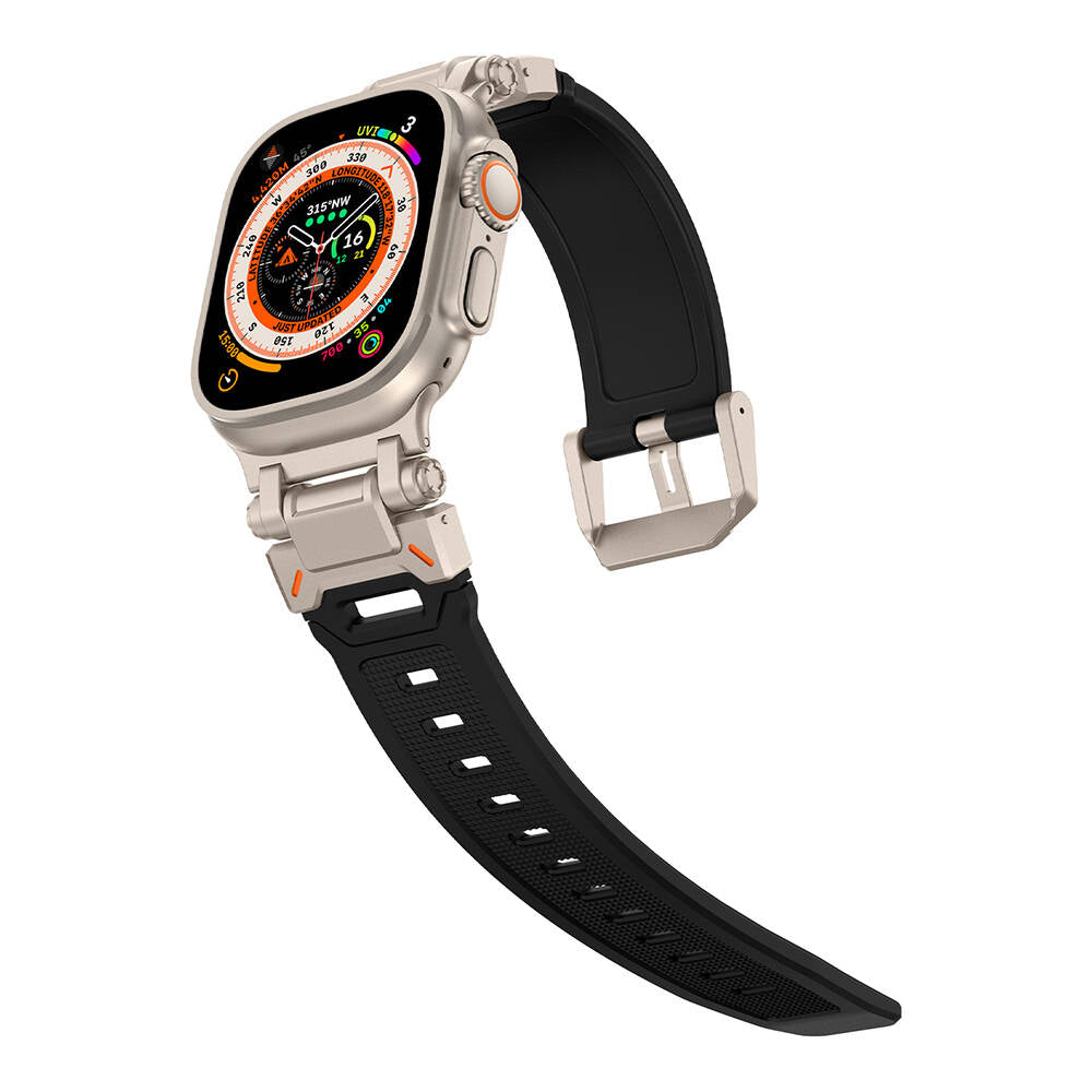 Apple Watch Ultra 49mm Zore KRD-101 Titanyum Metal Başlıklı Silikon Kordon Siyah-Titanyum