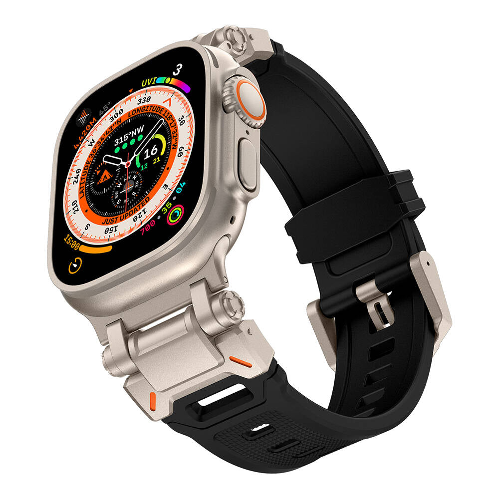 Apple Watch Ultra 49mm Zore KRD-101 Titanyum Metal Başlıklı Silikon Kordon Mavi-Titanyum