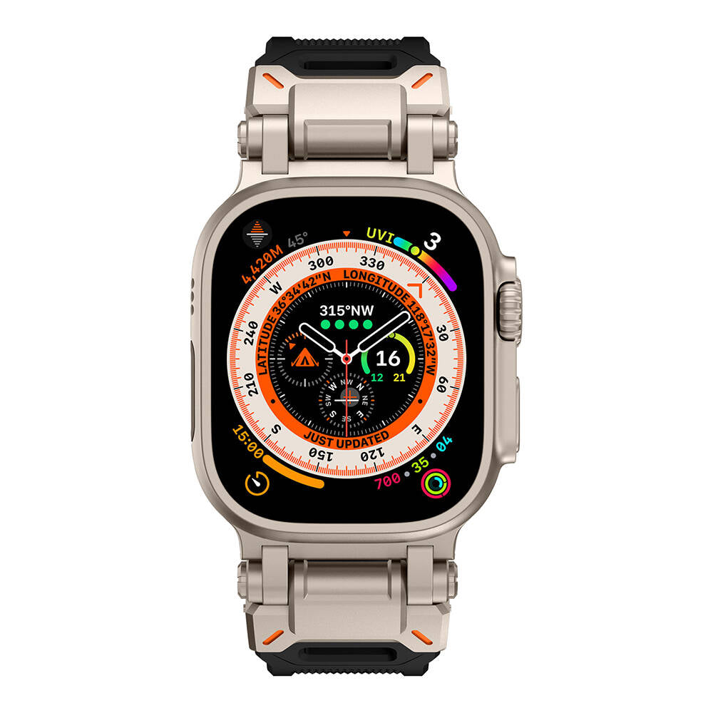 Apple Watch Ultra 49mm Zore KRD-101 Titanyum Metal Başlıklı Silikon Kordon Mavi-Titanyum
