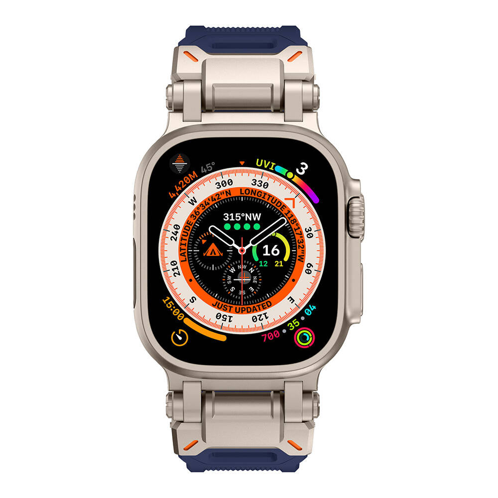 Apple Watch Ultra 49mm Zore KRD-101 Titanyum Metal Başlıklı Silikon Kordon Mavi-Titanyum