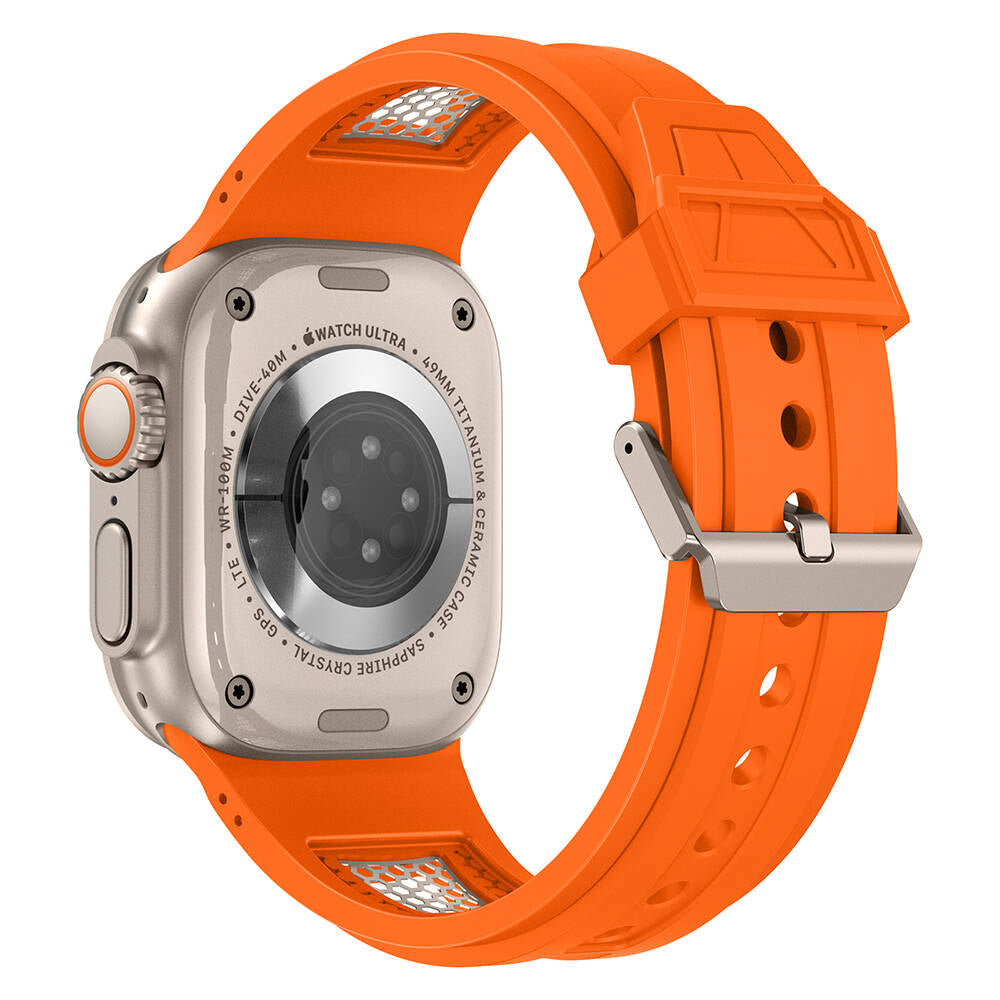 Apple Watch Ultra 49mm Zore KRD-117 Hava Alabilen Delikli Metal Süslemeli Desenli Silikon Kordon Titanyum-Yeşil