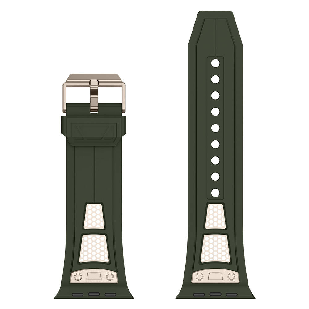 Apple Watch Ultra 49mm Zore KRD-117 Hava Alabilen Delikli Metal Süslemeli Desenli Silikon Kordon Titanyum-Yeşil