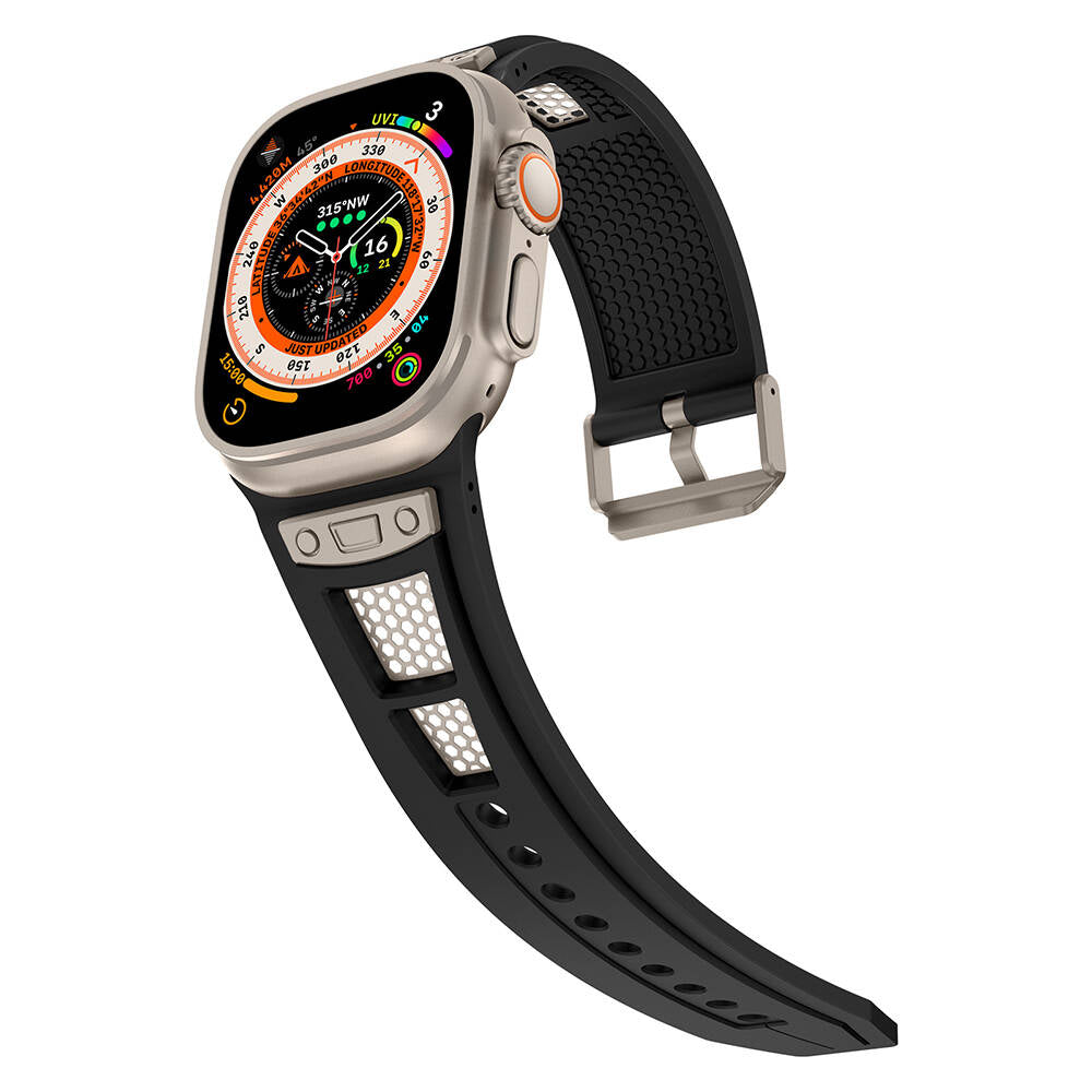 Apple Watch Ultra 49mm Zore KRD-117 Hava Alabilen Delikli Metal Süslemeli Desenli Silikon Kordon Titanyum-Siyah