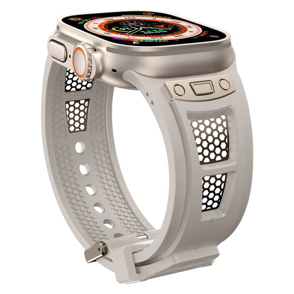 Apple Watch Ultra 49mm Zore KRD-117 Hava Alabilen Delikli Metal Süslemeli Desenli Silikon Kordon Titanyum-Yeşil