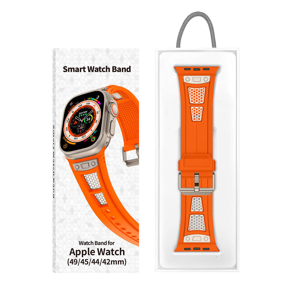 Apple Watch Ultra 49mm Zore KRD-117 Hava Alabilen Delikli Metal Süslemeli Desenli Silikon Kordon Titanyum-Yeşil