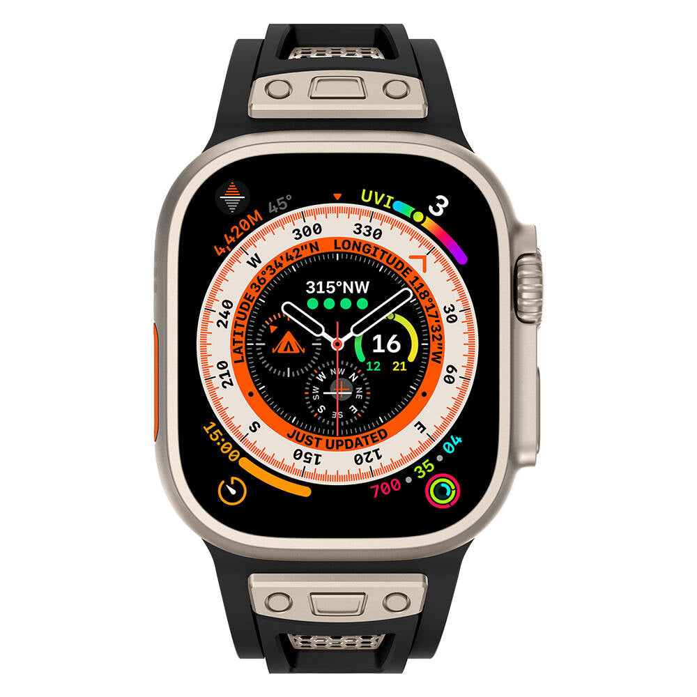 Apple Watch Ultra 49mm Zore KRD-117 Hava Alabilen Delikli Metal Süslemeli Desenli Silikon Kordon Titanyum-Siyah