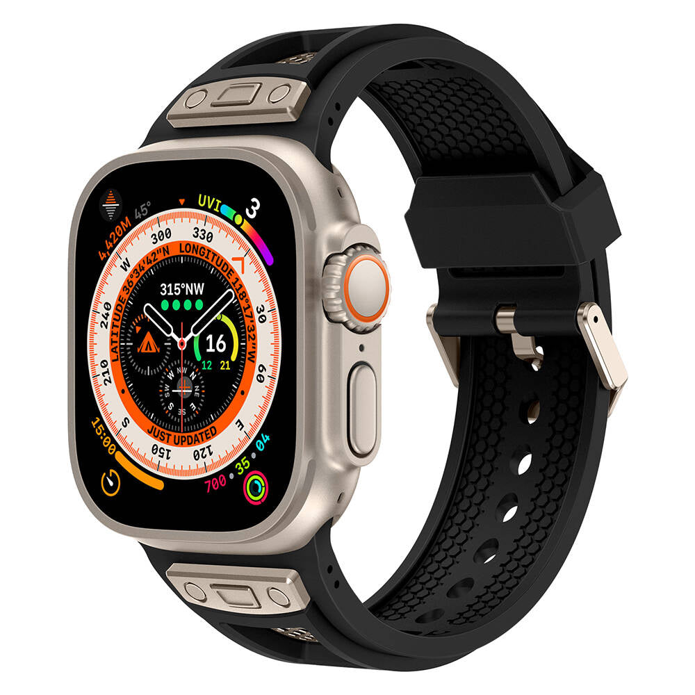 Apple Watch Ultra 49mm Zore KRD-117 Hava Alabilen Delikli Metal Süslemeli Desenli Silikon Kordon Titanyum-Turuncu