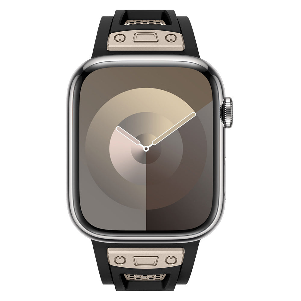 Apple Watch Ultra 49mm Zore KRD-117 Hava Alabilen Delikli Metal Süslemeli Desenli Silikon Kordon Titanyum-Yeşil