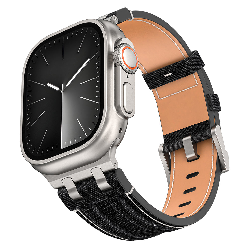 Apple Watch Ultra 49mm KRD-153 Kot Kumaş Tasarımlı Kordon Gümüş-Siyah