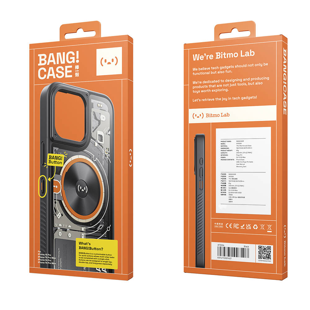 iPhone 15 Pro Kılıf Özelleştirilebilir 3 Fonksiyonlu Bluetooth Bağlantılı Bitmo Lab Bangcase Akıllı M-safe Kapak Siyah