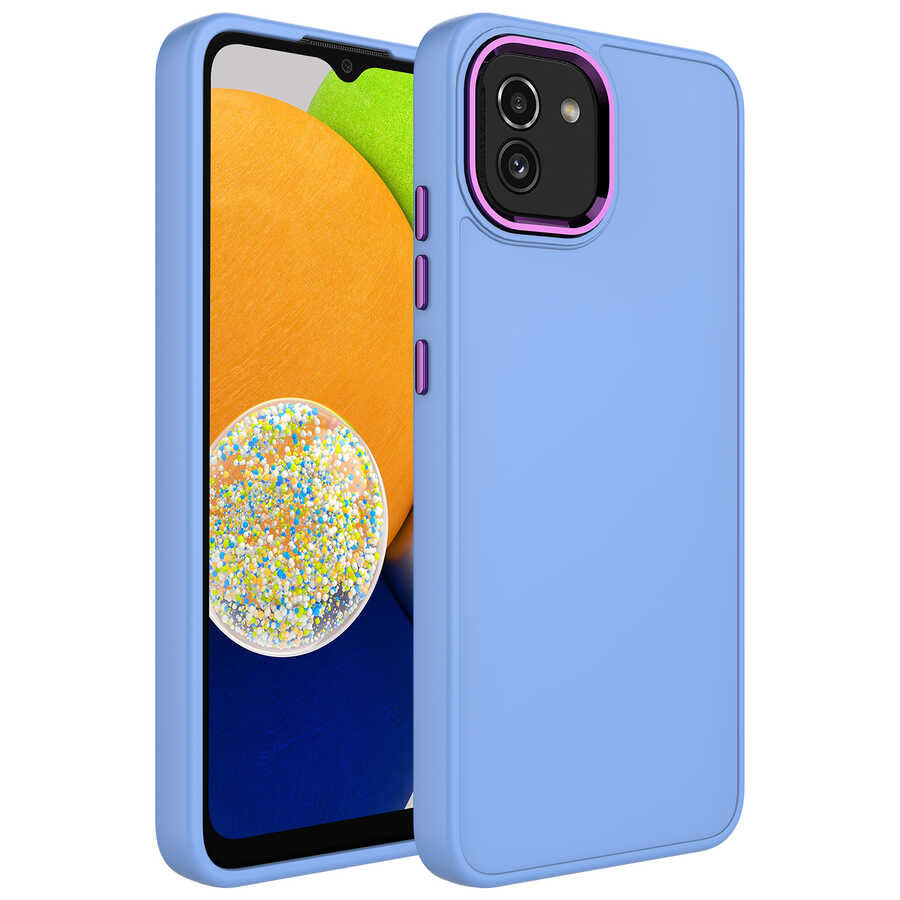 Galaxy A03 Kılıf Metal Çerçeve ve Buton Tasarımlı Silikon Zore Luna Kapak Lacivert