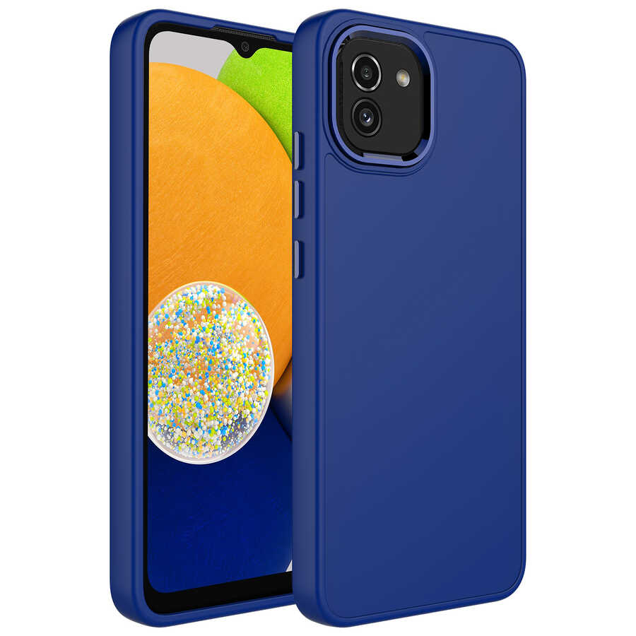 Galaxy A03 Kılıf Metal Çerçeve ve Buton Tasarımlı Silikon Zore Luna Kapak Lacivert