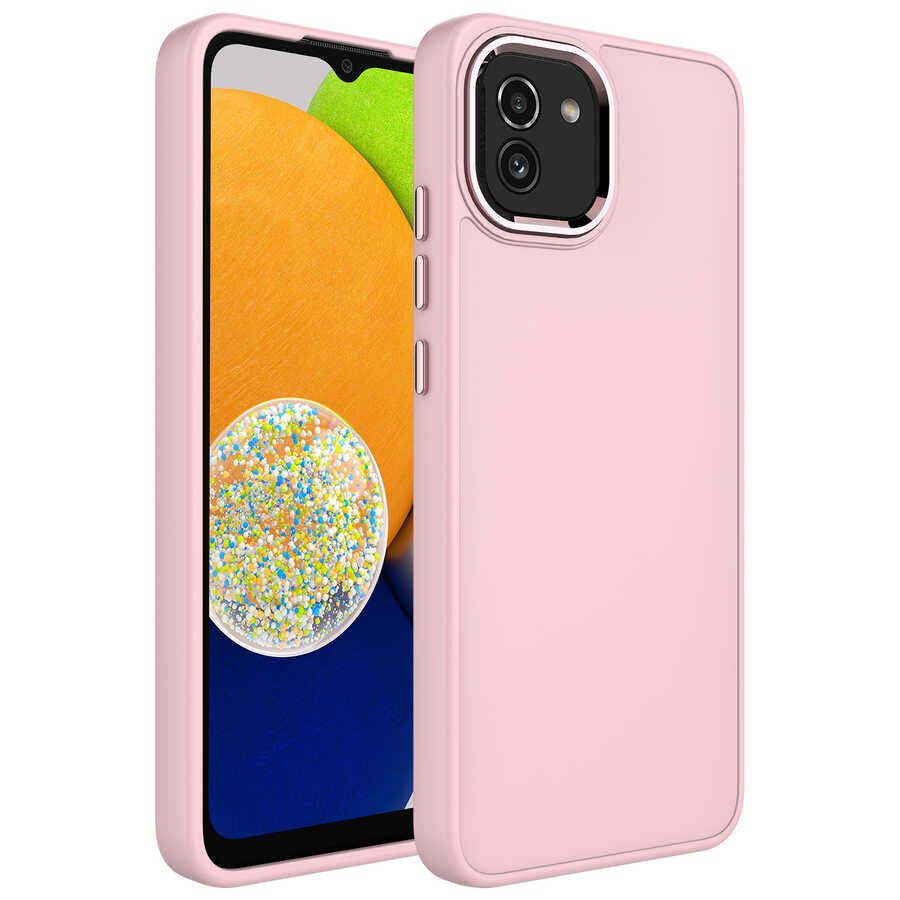 Galaxy A03 Kılıf Metal Çerçeve ve Buton Tasarımlı Silikon Zore Luna Kapak Pembe