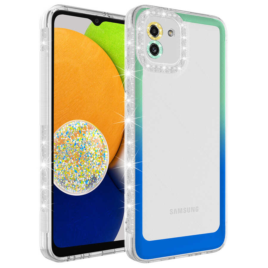 Galaxy A03 Kılıf Simli ve Renk Geçiş Tasarımlı Lens Korumalı Zore Park Kapak Yeşil-Mavi