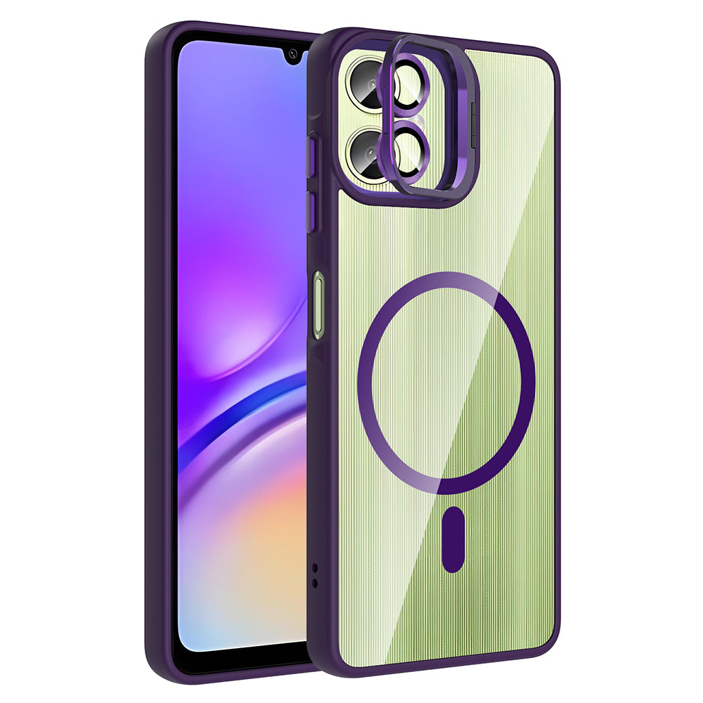 Galaxy A06 Kılıf Standlı ve Kamera Lens Hediyeli M-Safe Şarj Özellikli Zore Etro Kapak Derin Mor