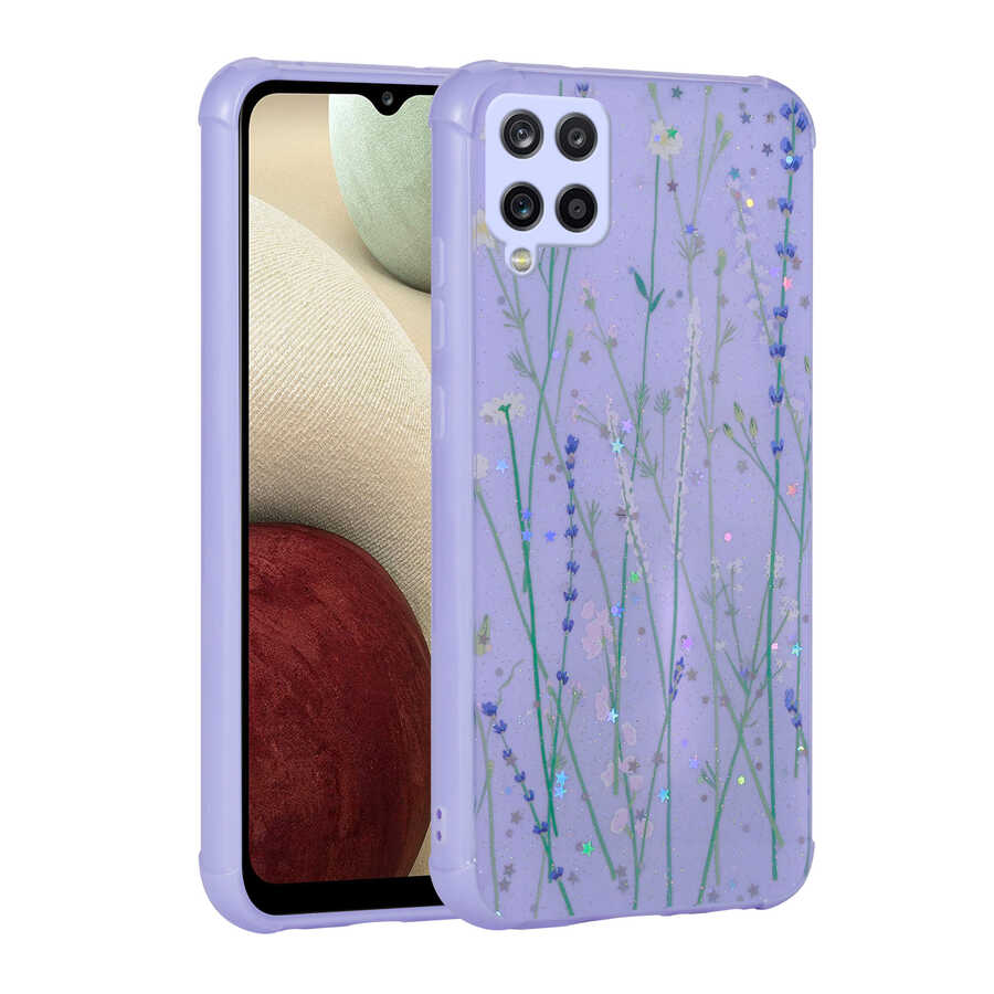 Galaxy A12 Kılıf Simli Desenli Kamera Korumalı Parlak Zore Popy Kapak Dallar