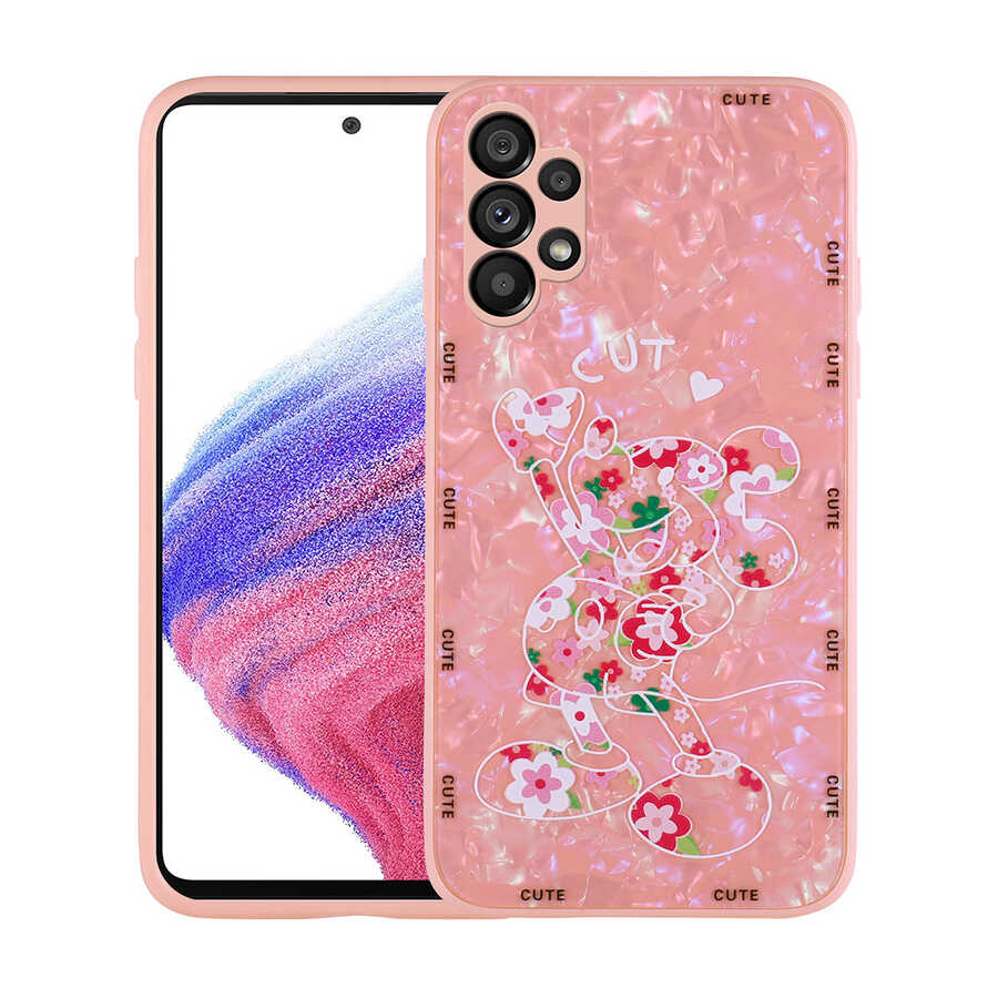 Galaxy A13 4G Kılıf Desenli Sert Silikon Zore Mumila Kapak Pink Mouse
