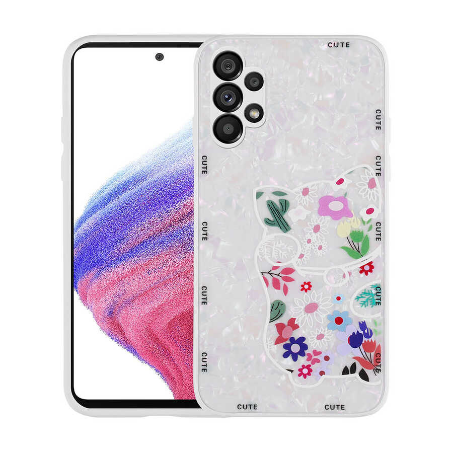 Galaxy A13 4G Kılıf Desenli Sert Silikon Zore Mumila Kapak White Cat