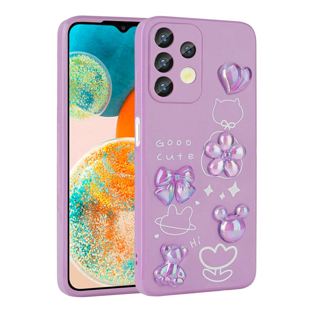 Galaxy A13 4G Kılıf Kabartma Figürlü Parlak Zore Toys Silikon Kapak Mor