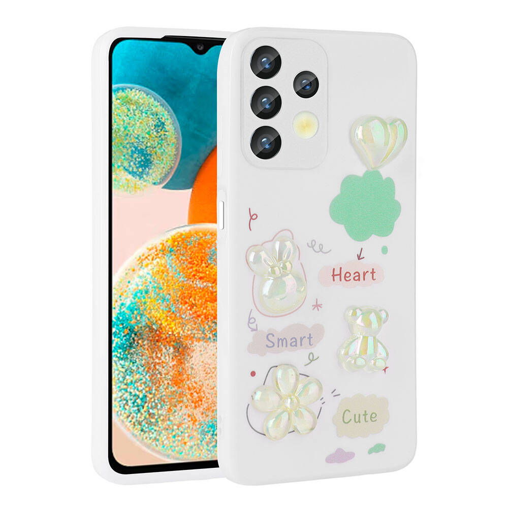 Galaxy A13 4G Kılıf Kabartma Figürlü Parlak Zore Toys Silikon Kapak Beyaz