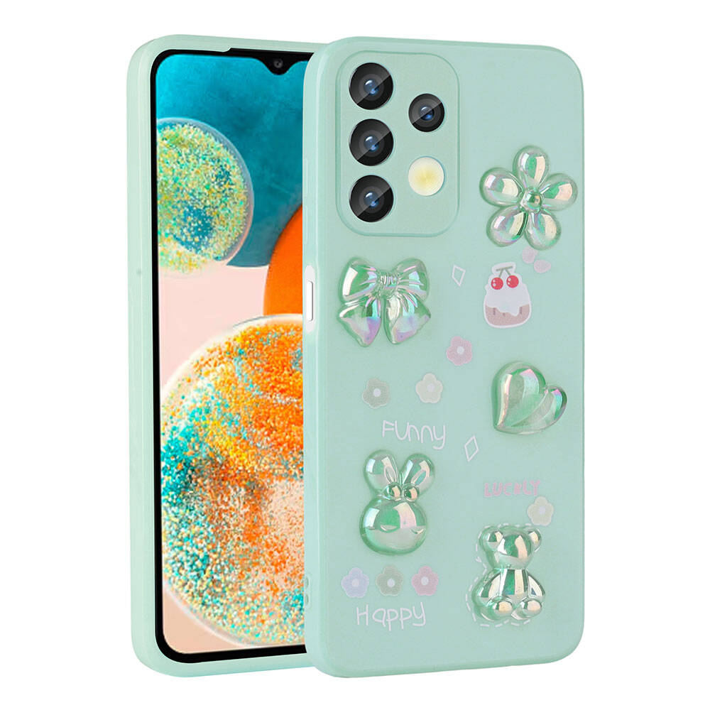 Galaxy A13 4G Kılıf Kabartma Figürlü Parlak Zore Toys Silikon Kapak Açık Yeşil