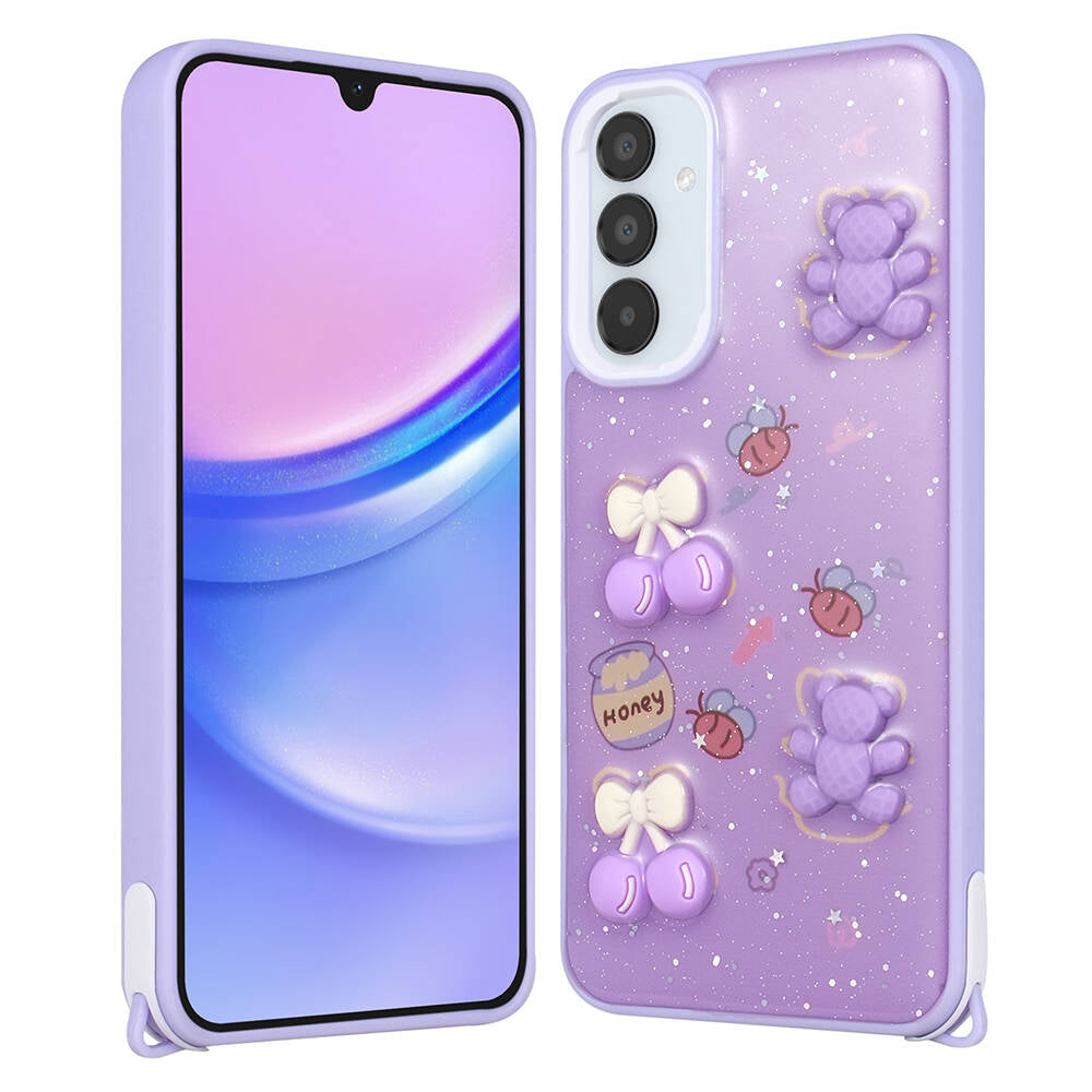 Galaxy A14 Kılıf Parlayan Simli Kabartma Figürlü Zore Cevze Kapak Mor Ayı