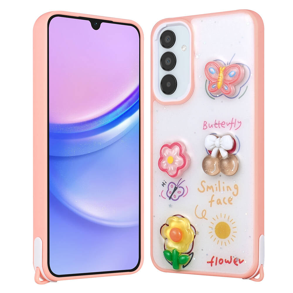 Galaxy A15 Kılıf Parlayan Simli Kabartma Figürlü Zore Cevze Kapak Yeşil
