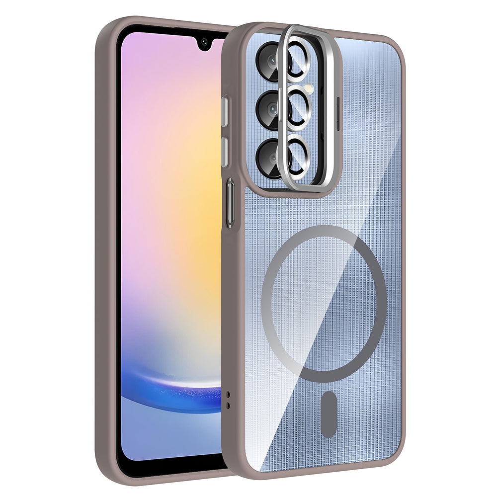Galaxy A16 Kılıf Standlı ve Kamera Lens Hediyeli M-Safe Şarj Özellikli Zore Etro Kapak Gri