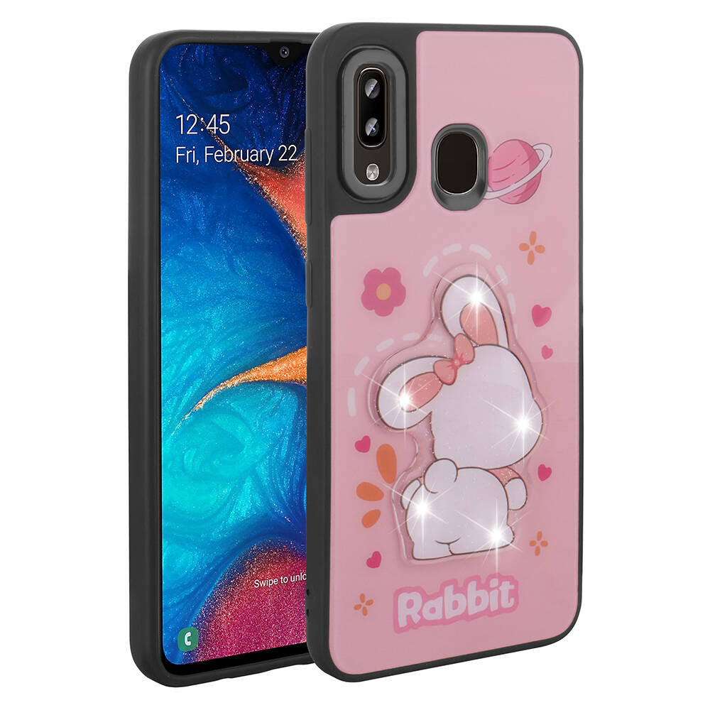 Galaxy A20 Kılıf Parlayan Kabartmalı İkonik Figürlü Zore Amas Silikon Kapak Pembe