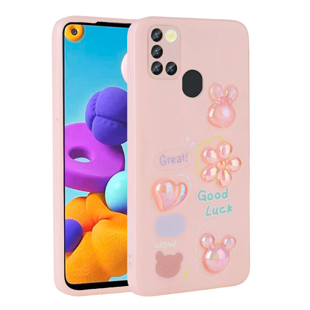 Galaxy A21S Kılıf Kabartma Figürlü Parlak Zore Toys Silikon Kapak Açık Yeşil