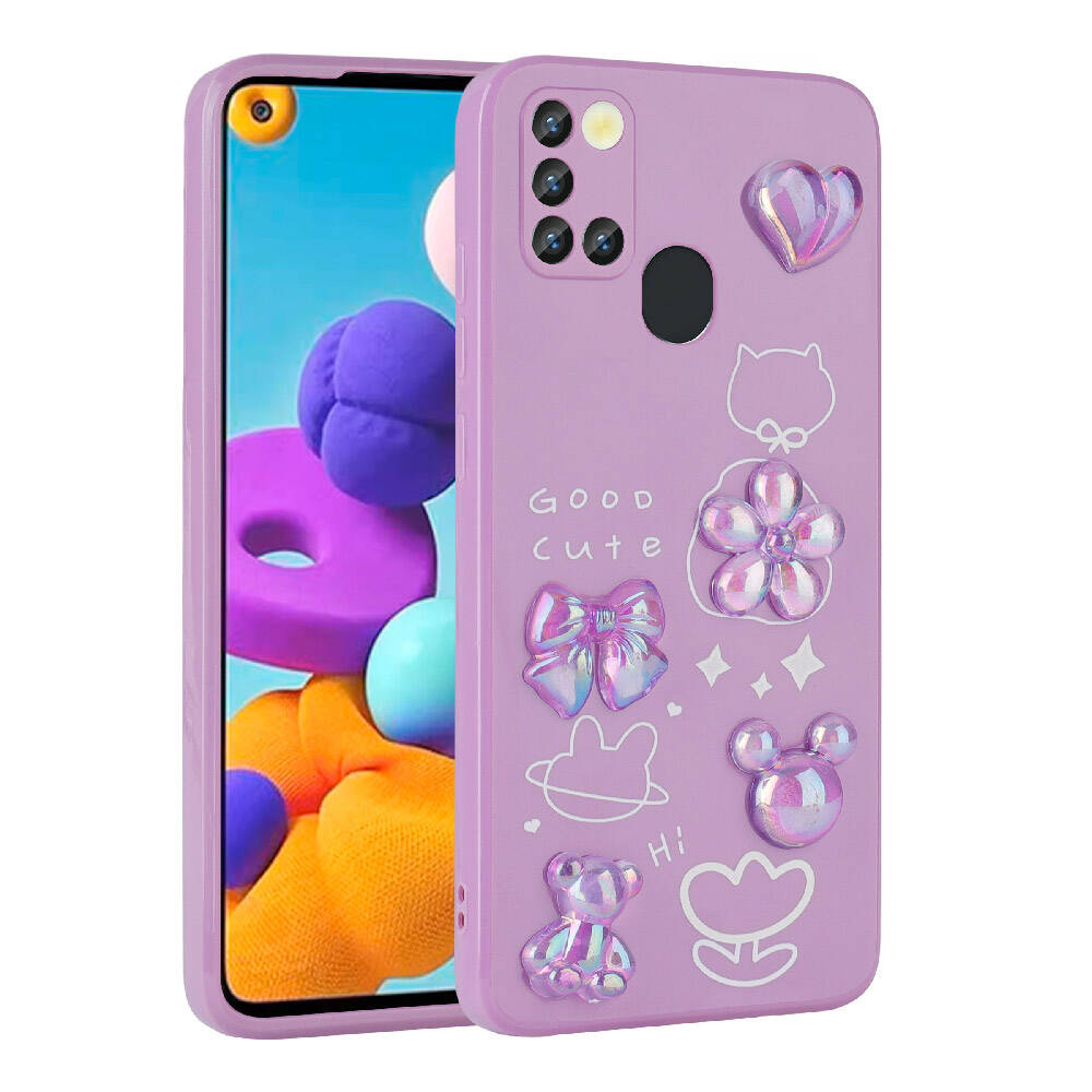Galaxy A21S Kılıf Kabartma Figürlü Parlak Zore Toys Silikon Kapak Mor