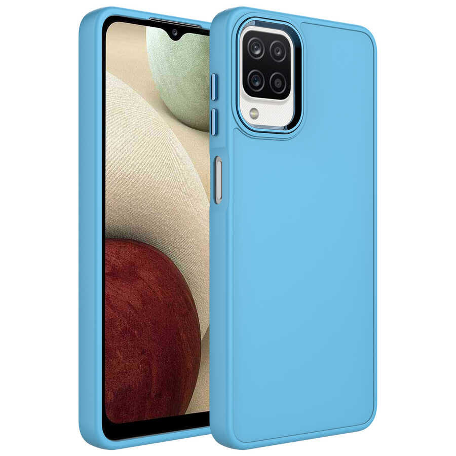 Galaxy A22 4G Kılıf Metal Çerçeve ve Buton Tasarımlı Silikon Zore Luna Kapak Sierra Mavi
