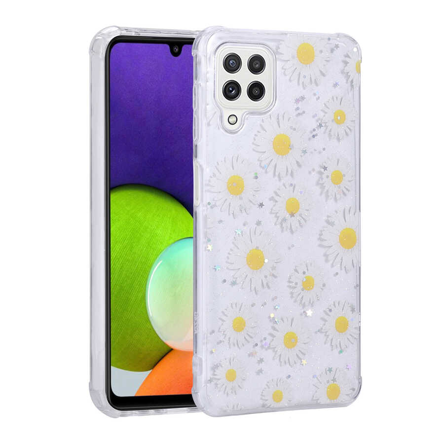 Galaxy A22 4G Kılıf Simli Desenli Kamera Korumalı Parlak Zore Popy Kapak Kalp