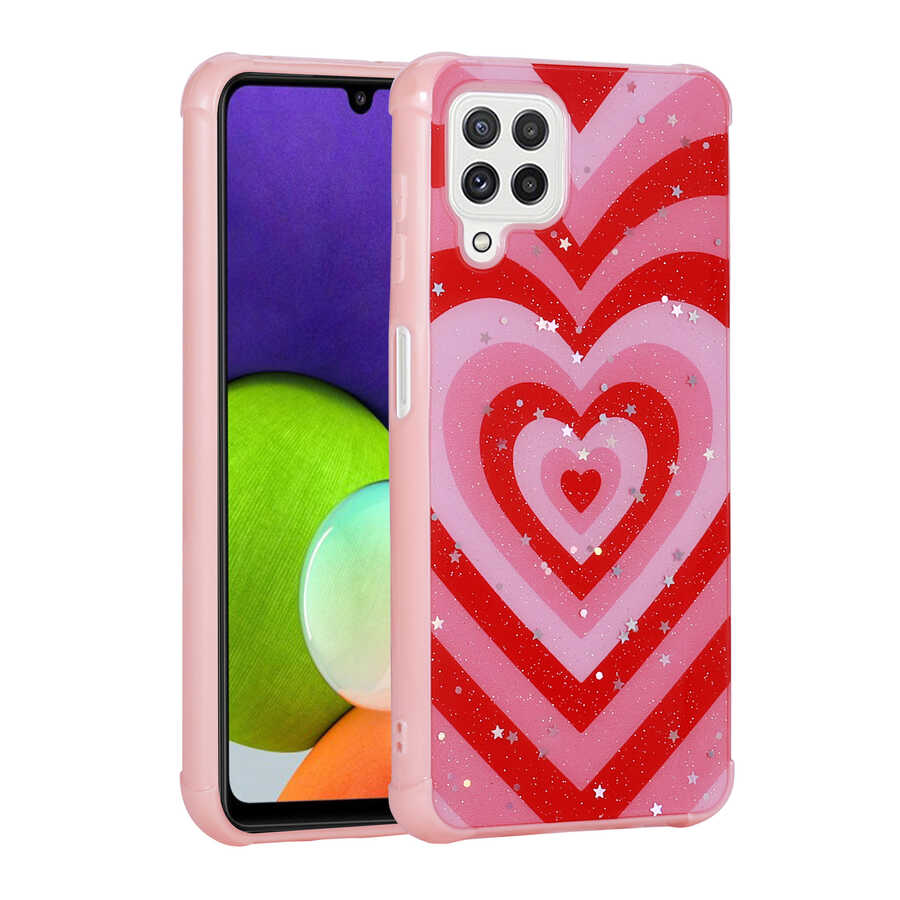 Galaxy A22 4G Kılıf Simli Desenli Kamera Korumalı Parlak Zore Popy Kapak Kalp