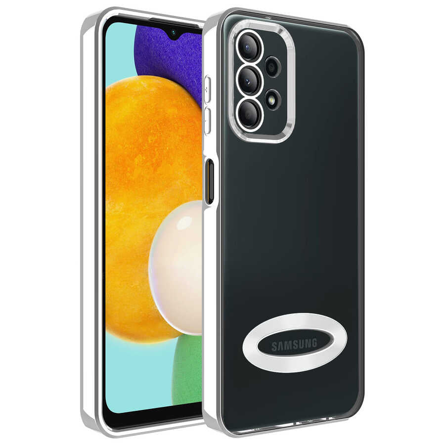 Galaxy A23 Kılıf Kamera Korumalı Logo Gösteren Zore Omega Kapak Gümüş