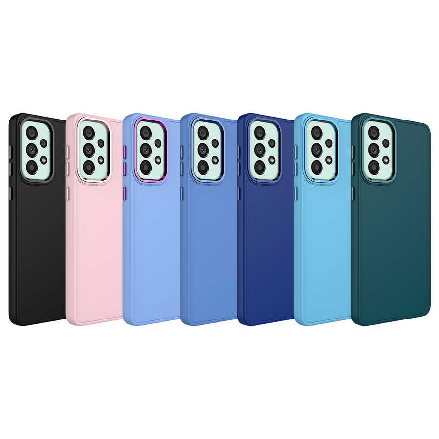 Galaxy A23 Kılıf Metal Çerçeve ve Buton Tasarımlı Silikon Zore Luna Kapak Lavendery Gray