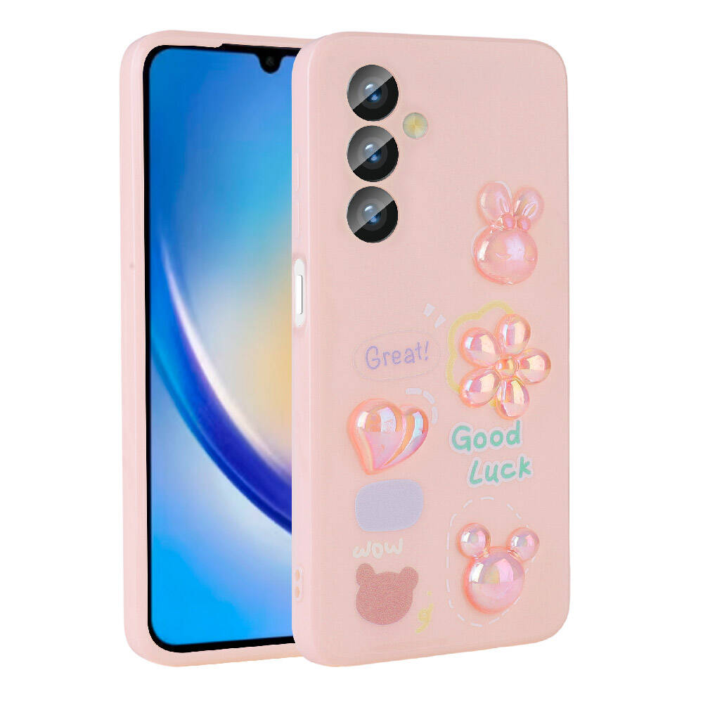 Galaxy A24 Kılıf Kabartma Figürlü Parlak Zore Toys Silikon Kapak Pembe