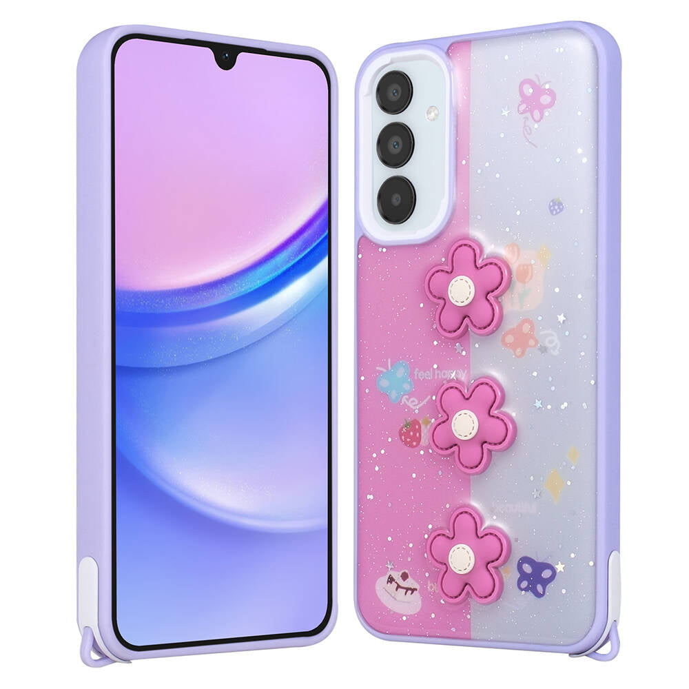 Galaxy A24 Kılıf Parlayan Simli Kabartma Figürlü Zore Cevze Kapak Mor Ayı