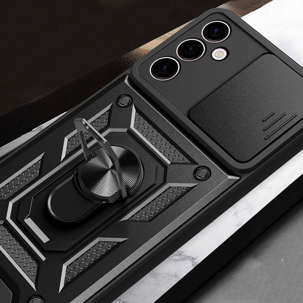 Galaxy A24 Kılıf Magnetik Standlı Kamera Korumalı Zore Sürgülü Vega Kapak Siyah