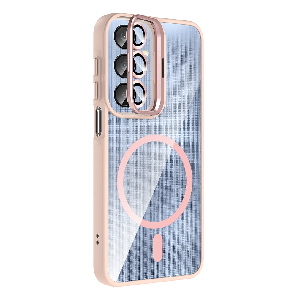 Galaxy A25 Kılıf Standlı ve Kamera Lens Hediyeli M-Safe Şarj Özellikli Zore Etro Kapak Pembe