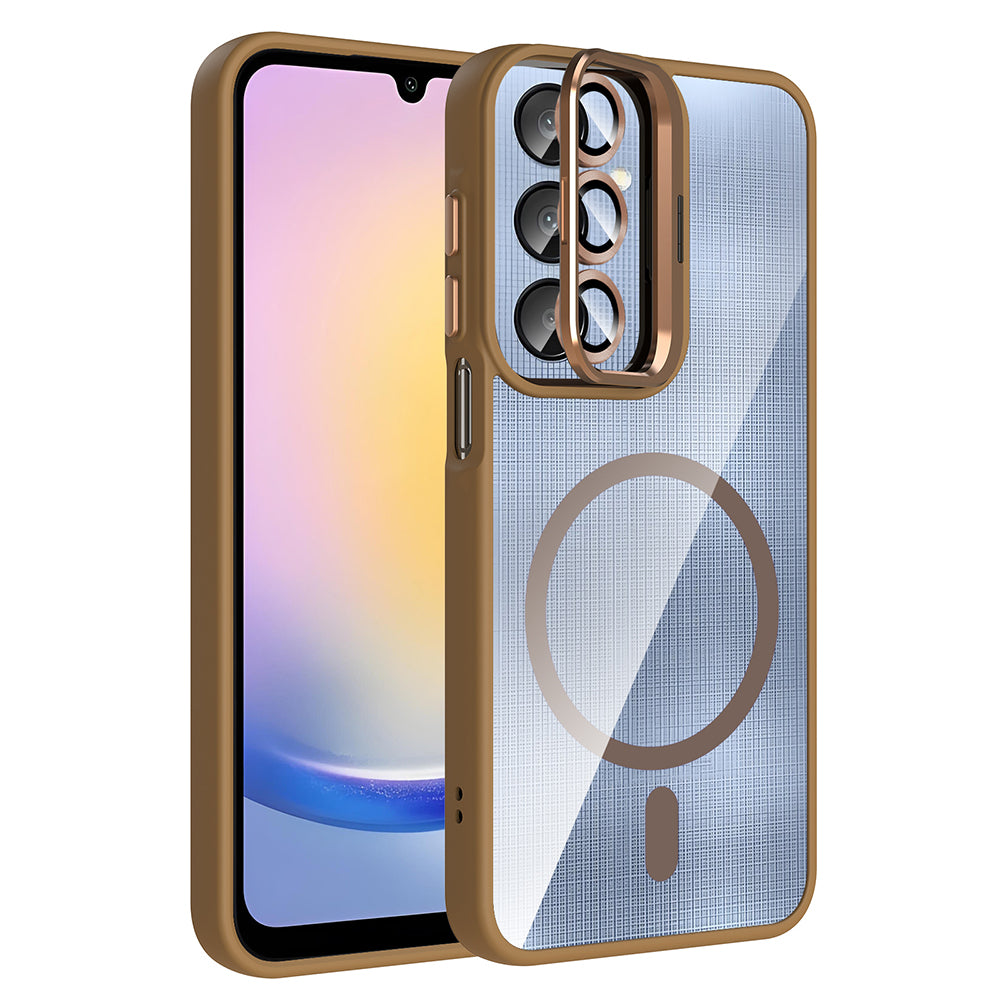 Galaxy A25 Kılıf Standlı ve Kamera Lens Hediyeli M-Safe Şarj Özellikli Zore Etro Kapak Desert Titanyum