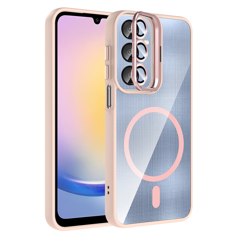 Galaxy A25 Kılıf Standlı ve Kamera Lens Hediyeli M-Safe Şarj Özellikli Zore Etro Kapak Pembe