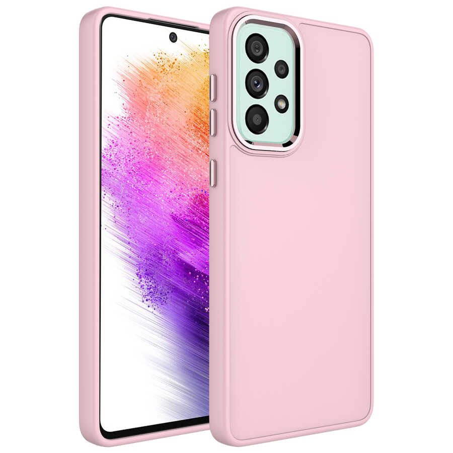 Galaxy A33 5G Kılıf Metal Çerçeve ve Buton Tasarımlı Silikon Zore Luna Kapak Pembe