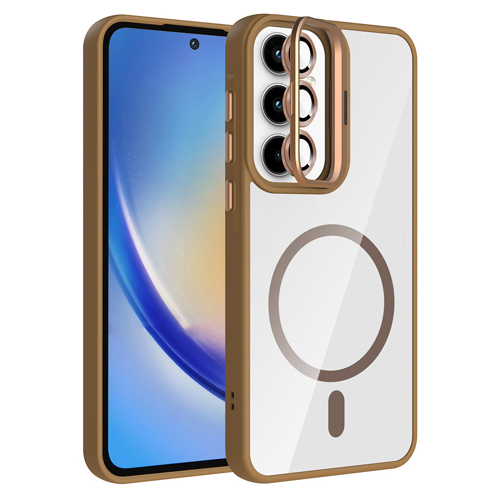 Galaxy A35 Kılıf Standlı ve Kamera Lens Hediyeli M-Safe Şarj Özellikli Zore Etro Kapak Lacivert